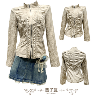 25秋复古流浪风机能褶皱个性 外套女 设计立领夹克休闲短款