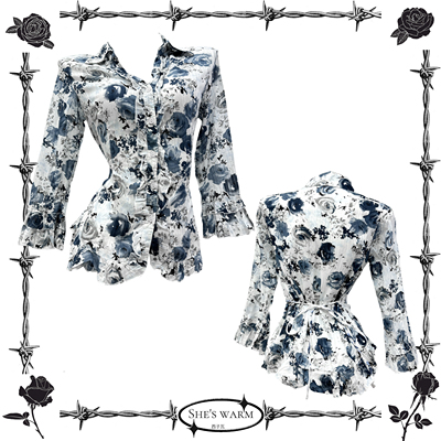 昭和复古小众干枯玫瑰流浪艺术水墨晕染薄款木耳边收腰七分袖衬衣