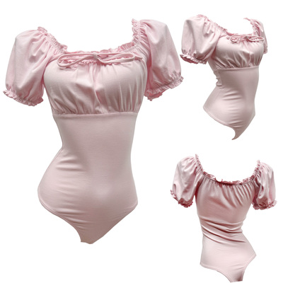 26夏可露丽街头可爱粉色棉弹舒适透气褶皱定位一字领短袖T恤上衣