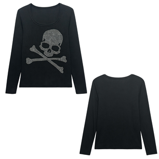 Grunge垃圾摇滚暗黑酷感棉弹骷髅烫钻黑色圆领修身内搭T恤女