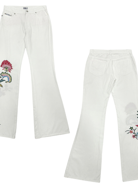 瑕疵特价｜25秋早古早韩街头涩谷辣妹白色绣花微喇裤休闲长裤子