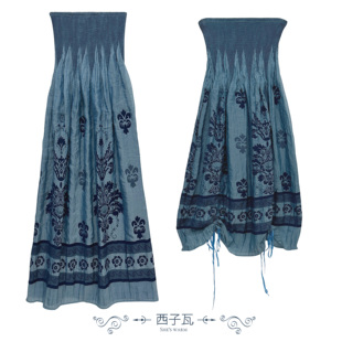 日杂流浪风波西米亚民族风复古小众蓝色抹胸裙连衣裙女