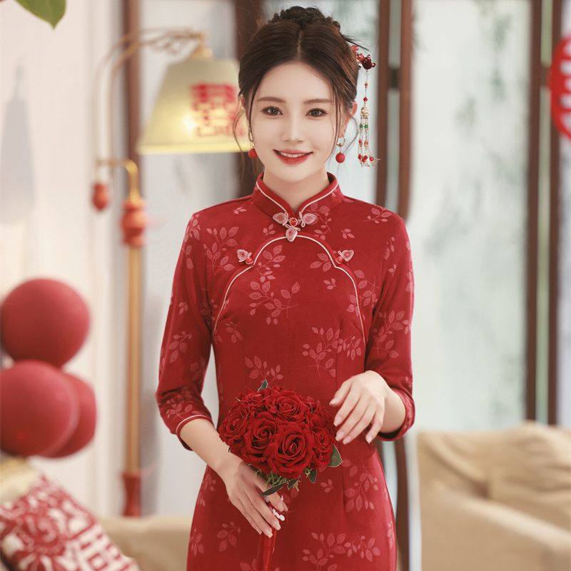 2023秋季新款 雪花绒印花圆襟中长款旗袍新娘装敬酒服中国风旗袍