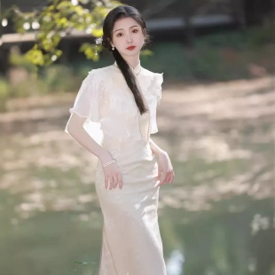 复古素雅夏 披肩套装 改良旗袍2023新款 高端气质蕾丝仙气年轻款