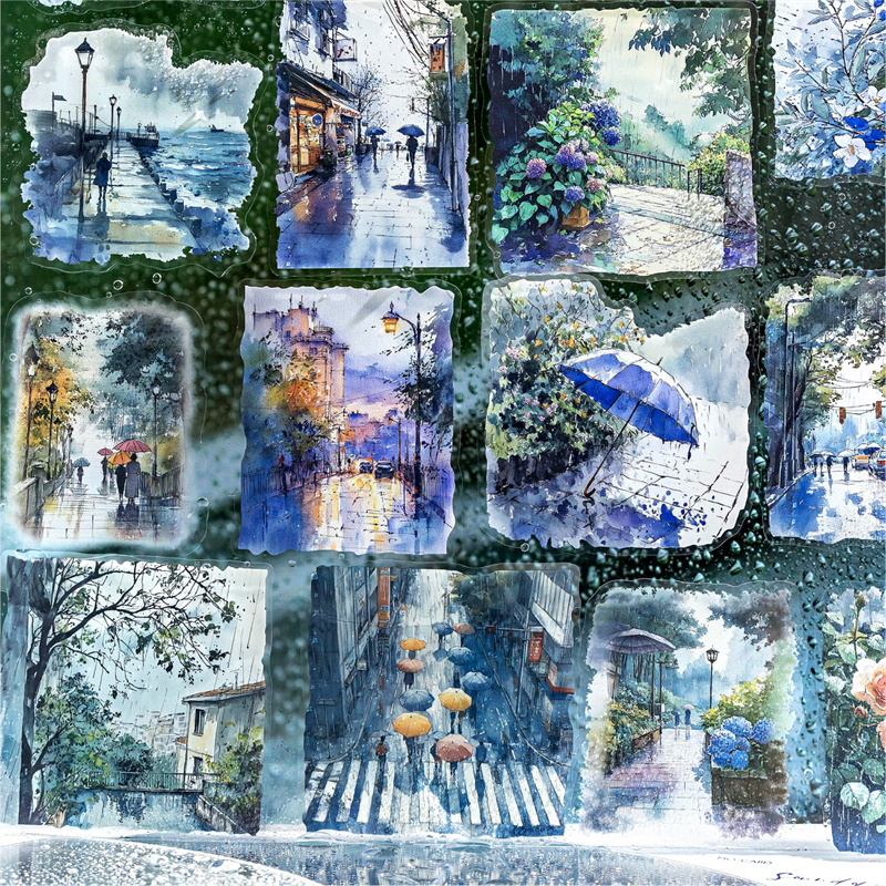 手账贴纸大尺寸水彩雨季街无重复