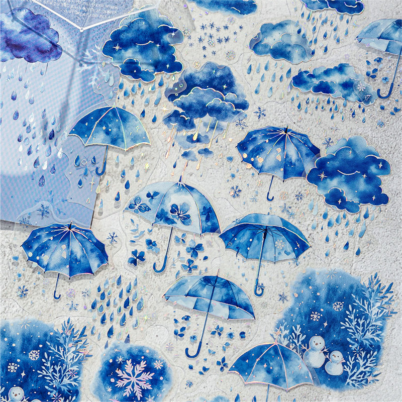 手账pet贴立体镭射银蓝海鱼羽雨