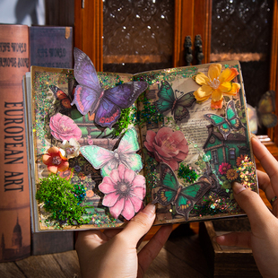 M|蝴蝶轨迹素材纸 复古立体蝴蝶便签纸文艺精致手账背景拼贴装饰