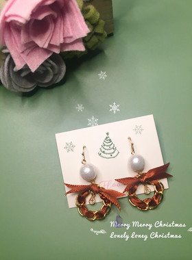 8floorA日式日系手工手作圣诞花环锆石树脂珍珠耳钩耳环