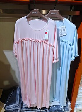 纤丝鸟2637新款甜美风短袖睡裙女夏季蕾丝花边棉质家居服睡衣正品