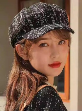 小香风八角帽子女韩版ins复古格纹秋冬时尚百搭贝雷报童帽短檐帽