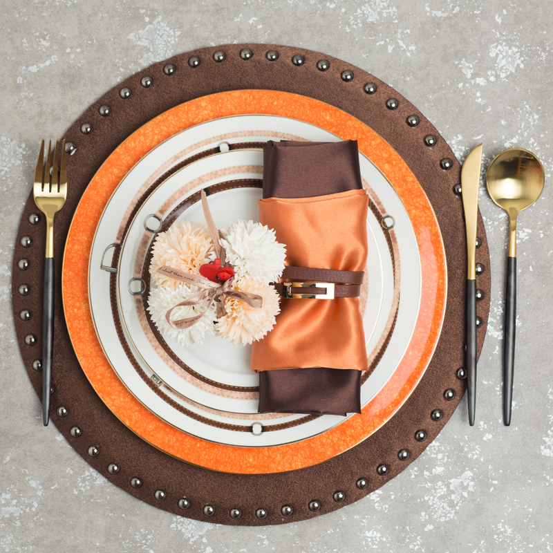 橙色西餐盘摆件样板间西餐厅摆盘欧式美式高档刀叉勺三件套全套装