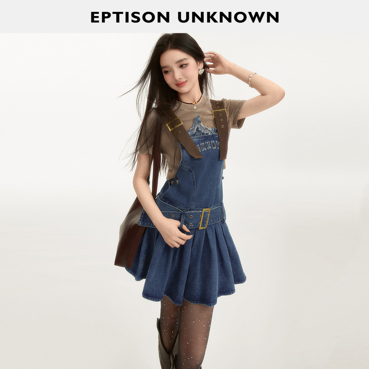 Eptison复古撞色牛仔背带短裙图片