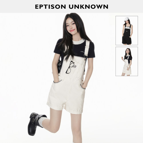 Eptison复古学院风撞色背带裤