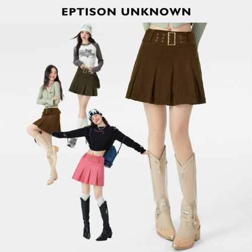 Eptison复古高街灯芯绒百褶裙