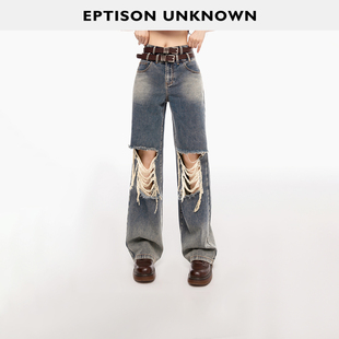 EPTISON牛仔裤 件 女2025夏季 新款 子 做旧破洞直筒宽松休闲裤
