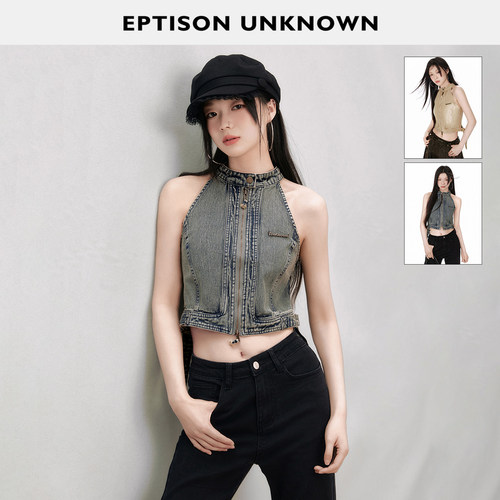 Eptison复古短款牛仔无袖上衣