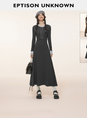 【99/件】EPTISON长款连衣裙2025冬季新款复古学院风撞色伞裙子女