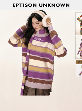 【69/件】EPTISON条纹带围巾毛衣女2025冬季新款复古慵懒条纹上衣