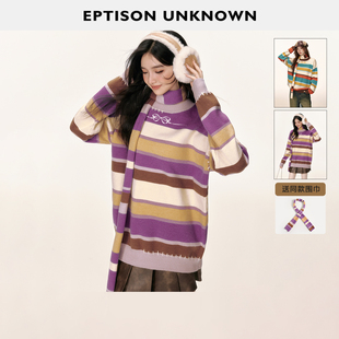 新款 EPTISON条纹带围巾毛衣女2025冬季 件 复古慵懒条纹上衣