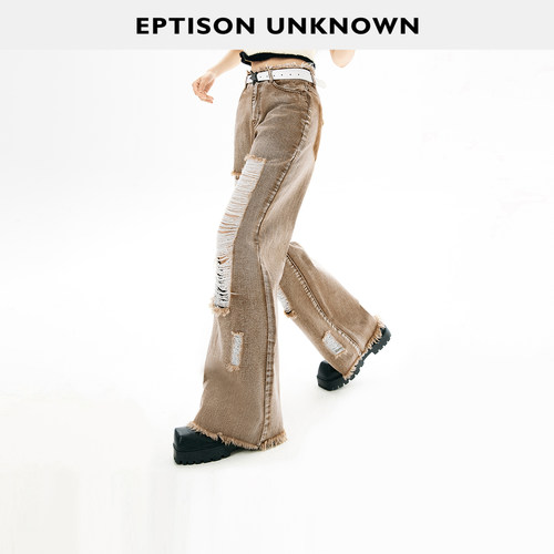 Eptison复古水洗直筒破洞裤