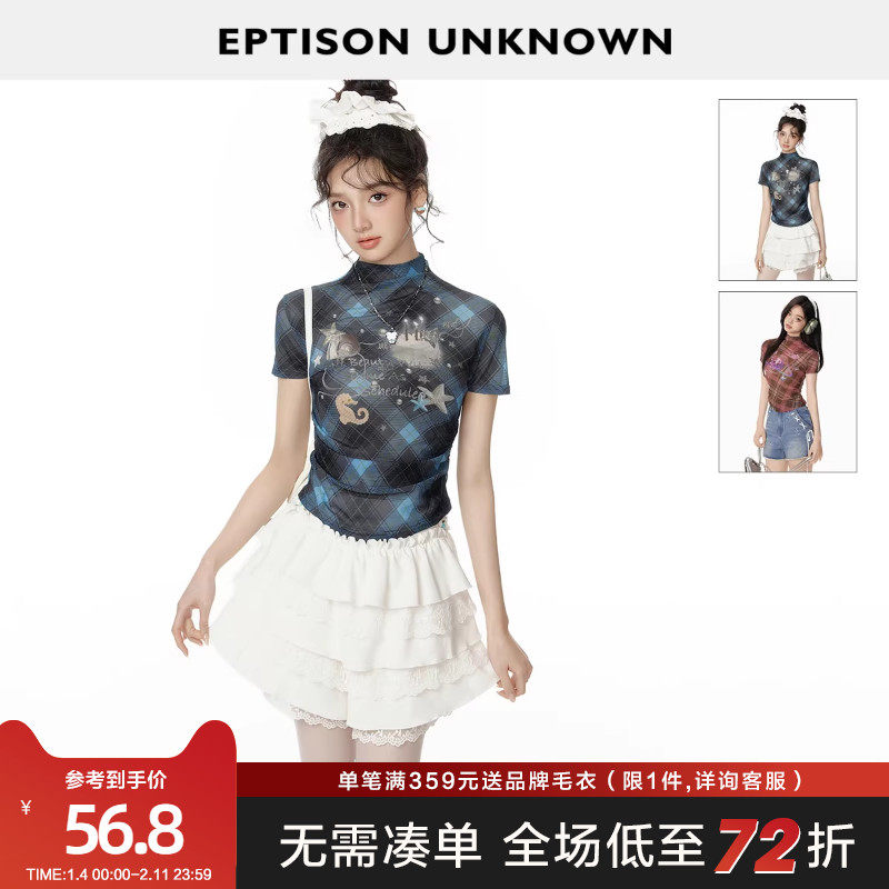 EPTISON短袖T恤女2025年夏季新款修身短款正肩小个子复古格纹上衣,女装/女士精品,T恤,淘宝优惠券,粉丝福利购,淘宝优惠卷