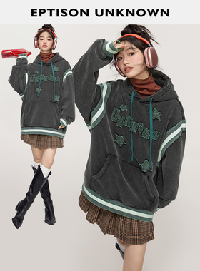 【69/件】EPTISON卫衣女2023年冬季新款宽松加厚复古黑色休闲上衣