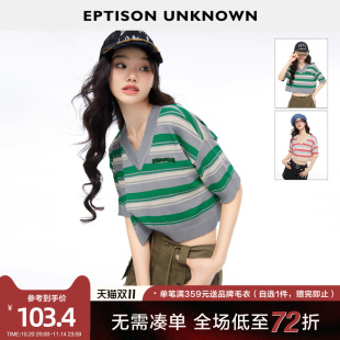 针织衫 复古V领条纹短款 2025夏季 美式 休闲宽松上衣 新款 EPTISON短袖
