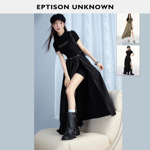 EPTISON黑色假两件短袖连衣裙
