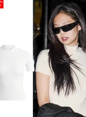 Jennie金智妮同款白色半高领t恤修身短袖针织衫上衣女2025年春季