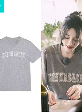 花儿与少年迪丽热巴同款上衣服灰色字母刺绣宽松慵懒风短袖t恤女