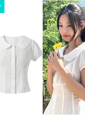 jennie金智妮同款纯棉娃娃领衬衫法式系带收腰泡泡袖纯欲白色上衣