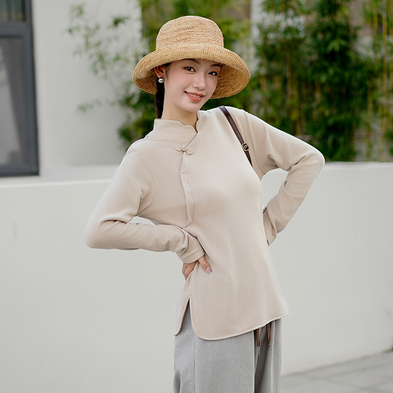 新中式立领长袖德绒打底衫T恤女