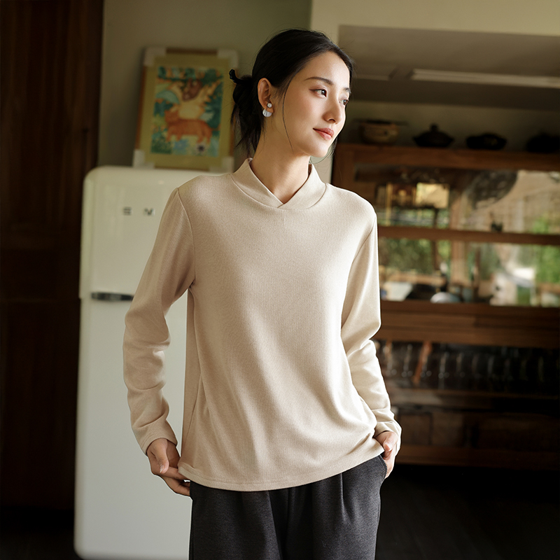 新中式V领纯色长袖t恤打底衫