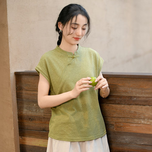 新中式棉麻立领包袖短袖t恤女