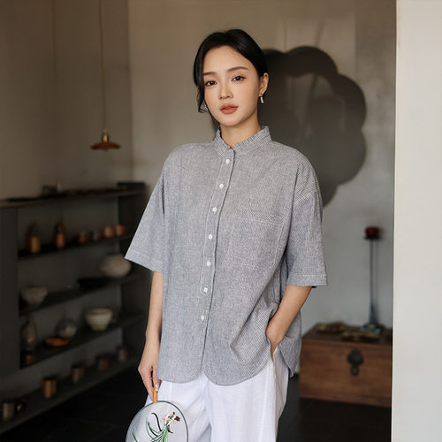 立领亚麻棉条纹短袖衬衫女