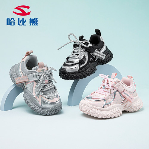 哈比熊童鞋女童老爹鞋运动跑步2025秋冬新款皮面防水加绒超火爆款