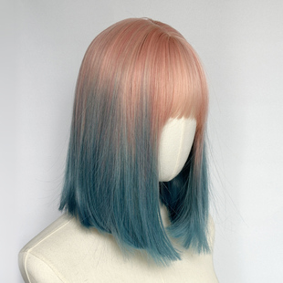 粉蓝色渐变假发全头套女一刀切亚文化lolita彩色y2k中长锁骨直发