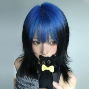 水舞假发短发亚比亚文化女黑蓝色挑染渐变色狼尾长发彩色全头套式