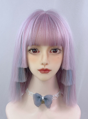 水舞假发女全头套紫色短发潮中长直发彩色挑染公主切lolita锁骨发