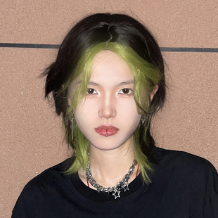 狼尾鲻鱼头假发挑染女男生日常黑绿渐变彩色帅气中分款短发全头套