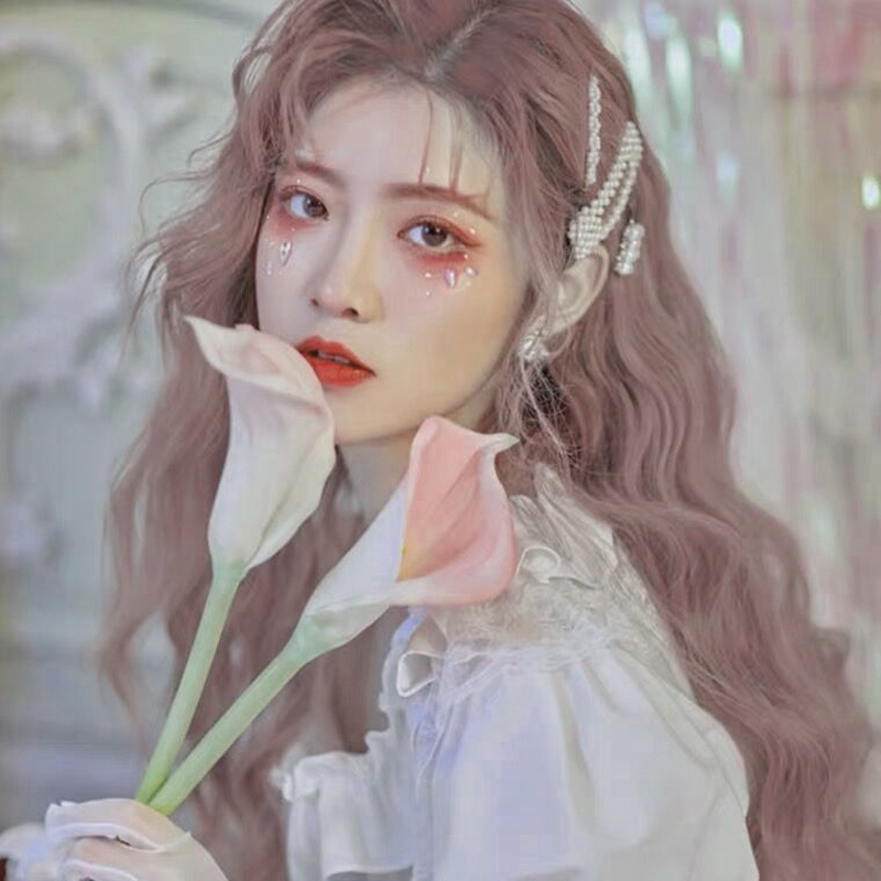 假发女薄藤色中分刘海泡面卷甜美气质修脸公主发型蓬松卷发全头套