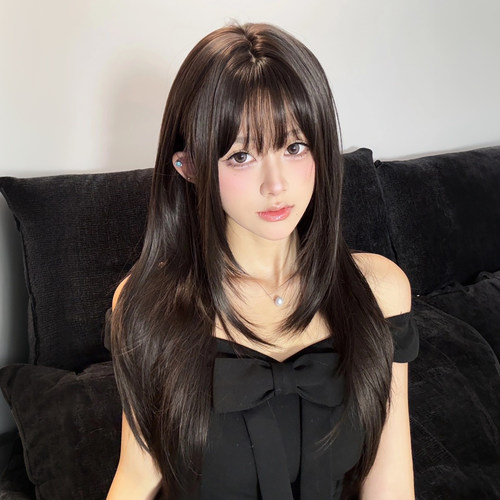 jk日韩黑茶色长直发全头套Lolita假发女齐刘海黑色高层次自然长发