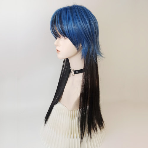 水母头亚文化y2k甜酷蓝黑色假发