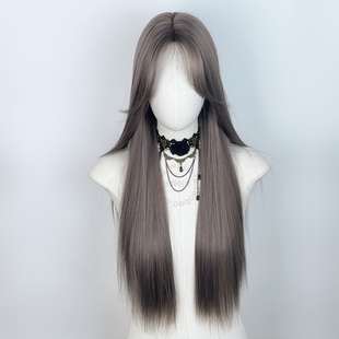 Lolita灰粉色中分长直发亚比日韩辣妹八字刘海假发自然长发全头套