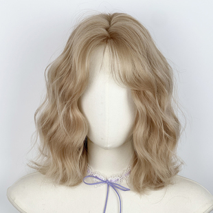 金色微卷波纹假发女学生全头套蓬松齐肩锁骨发甜美可爱气质假发