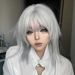 银白色中长假发女动漫少年成男cos帅T狼尾水母头中性造型整顶日常