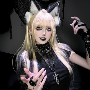 万圣节亚比暹罗猫假发女亚文化白金渐变黑朋克高层次长直发全头套