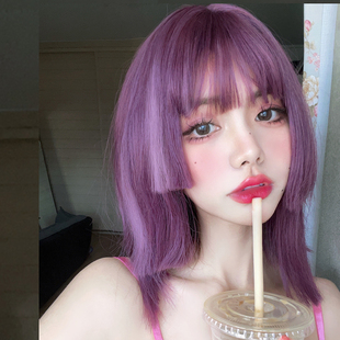 紫色假发女全头套彩色挑染公主切一刀切中长发二次元亚文化cos毛
