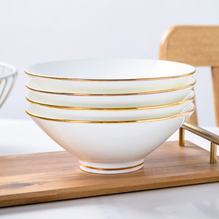 景德镇陶瓷网红面碗家用简约陶瓷面条汤碗轻奢金边骨瓷浅碗斗笠碗