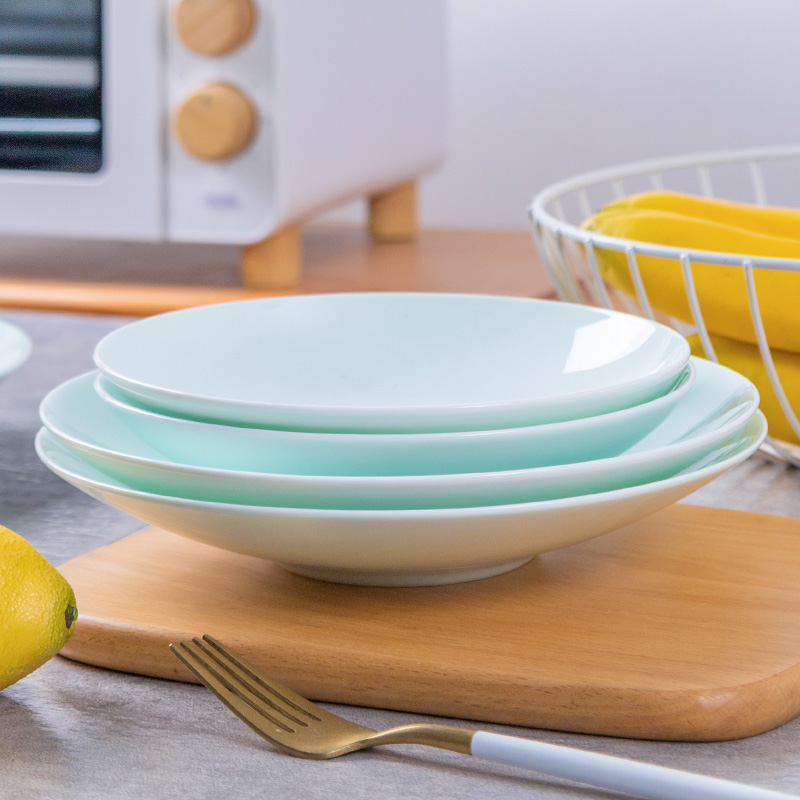 景德镇青瓷新款餐具深盘家用碟子陶瓷盘圆形菜盘子骨瓷盘可微波炉